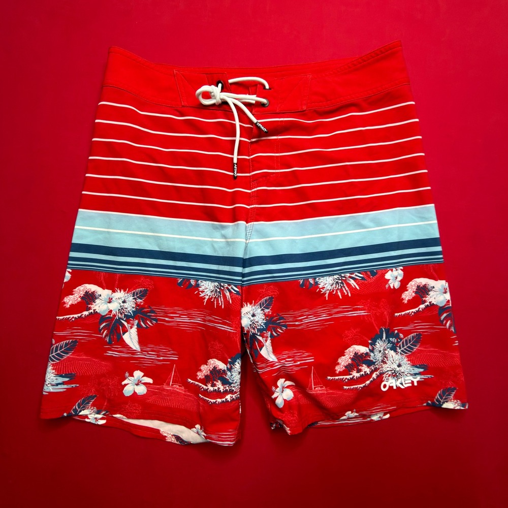 SURF Oakley Mens Board Shorts Red Striped Tropical Floral‎ Swim Trunks Size 31